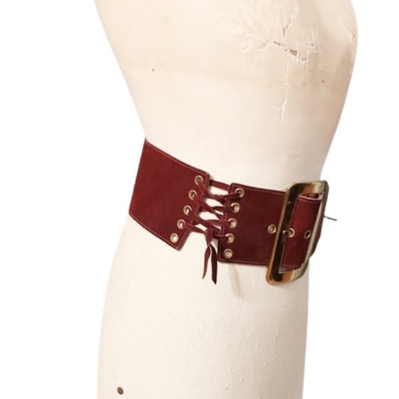 1960s Vintage Burgundy Wide Suede Leather Corset Belt Side Lacings & Big Buckle - Picture 3 of 5